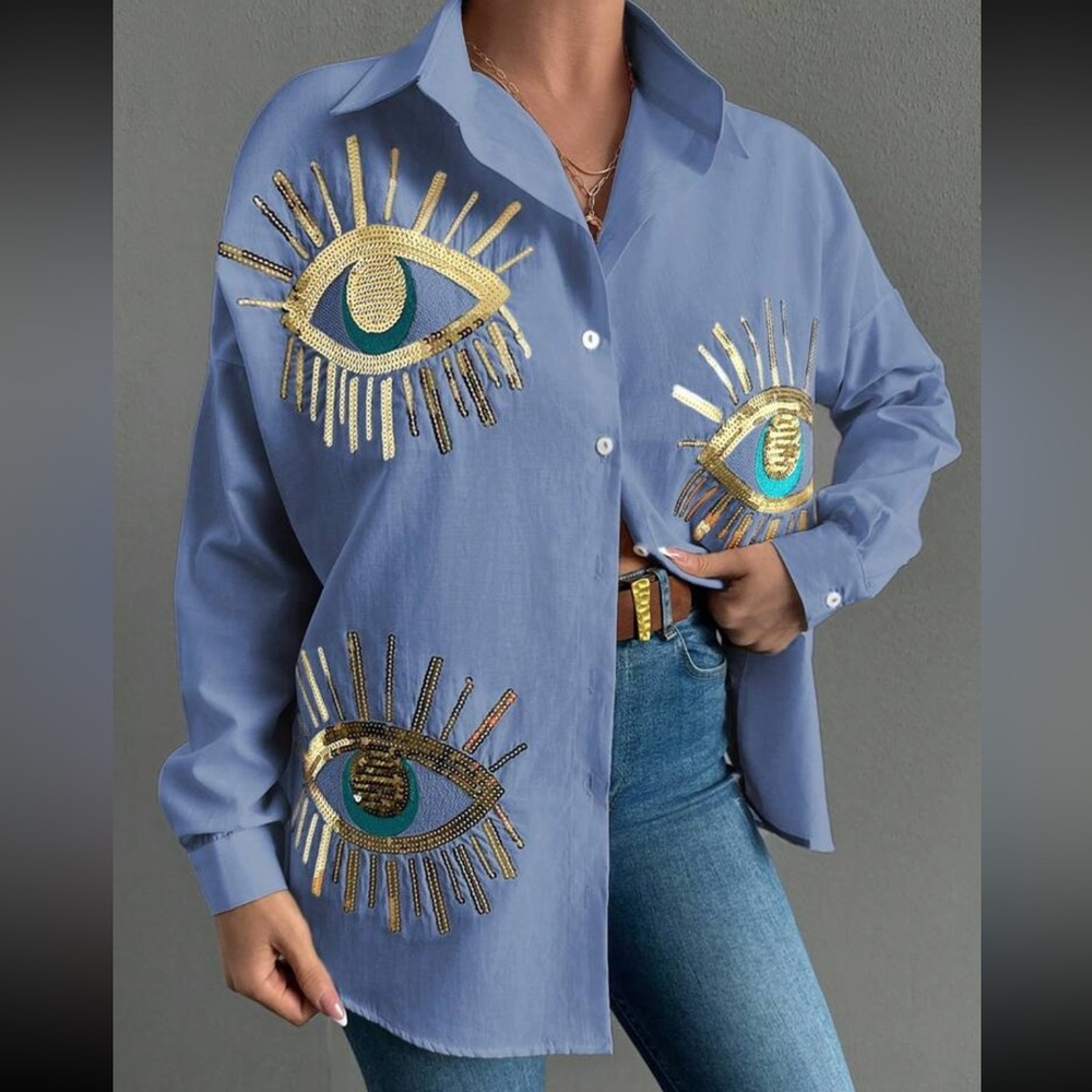 Boho blue eye embroidered button down long sleeve shirt - Picture 5 of 5